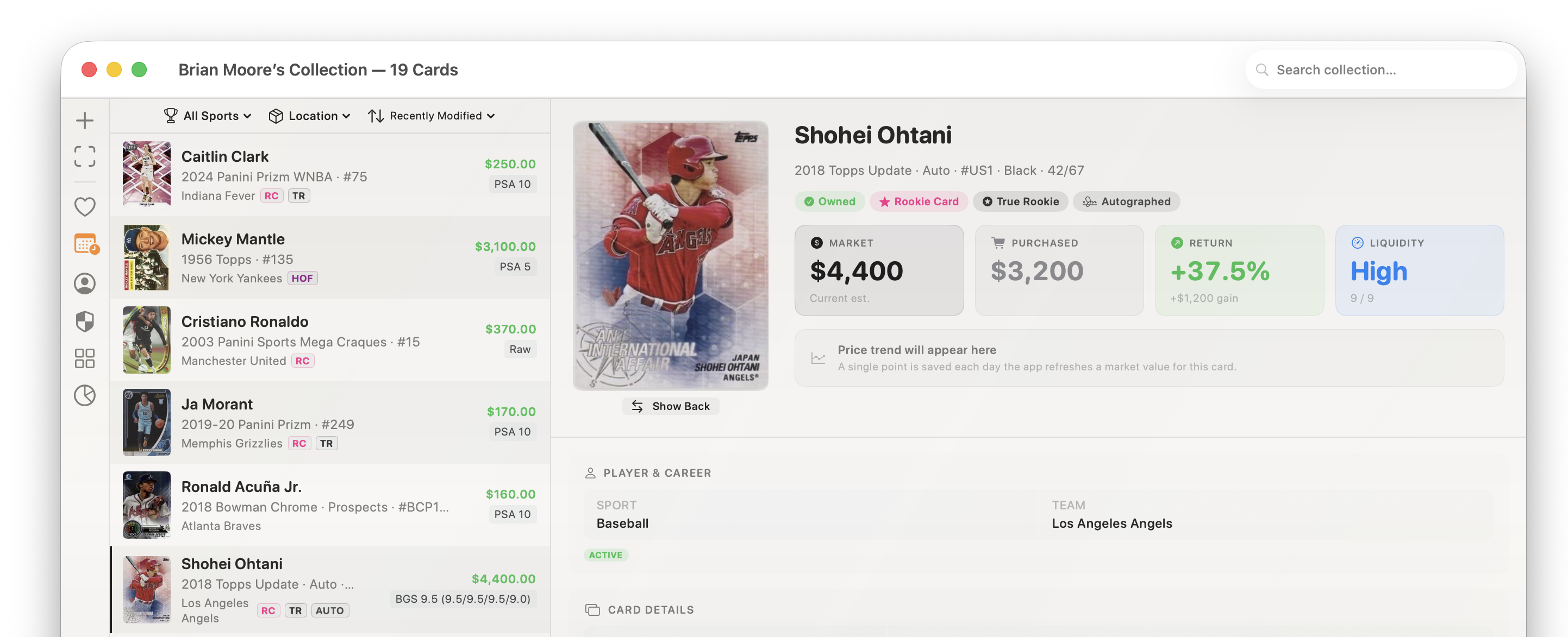 Card Curator — collection view with sidebar of card thumbnails and the Shohei Ohtani 2018 Topps Update detail panel showing market value, return %, and liquidity.